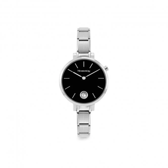 Time Round Black Dial & Silver Charm Bracelet Watch with CZ