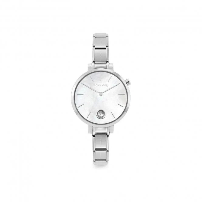 Time Round Mother of Pearl Dial & Silver Charm Bracelet Watch with CZ