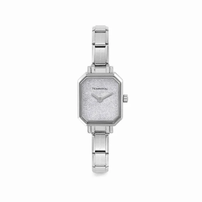 Time Rectangle Silver Glitter Dial & Silver Charm Bracelet Watch
