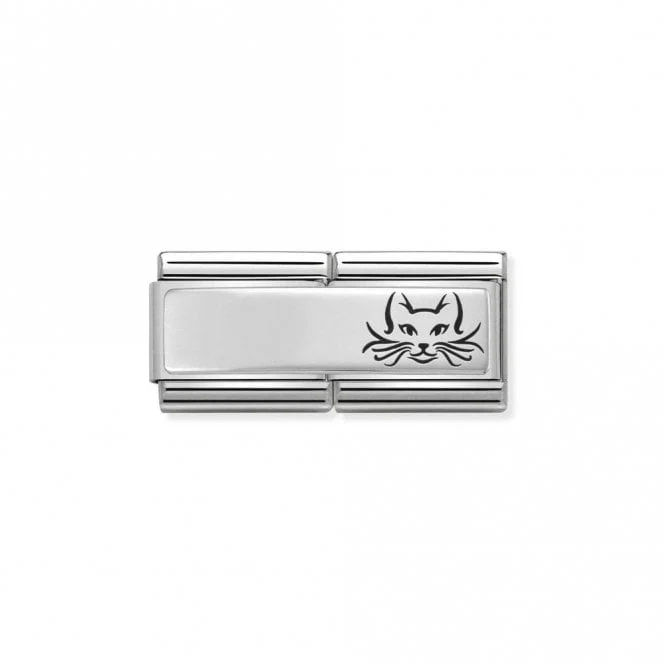 Classic Silver Engravable Double Plate Black Enamel Cat Charms