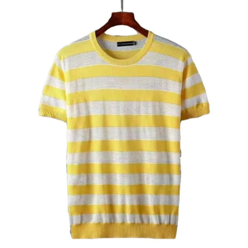 Vintage Senfgelb gestreiftes T-Shirt mit Kokoskragen