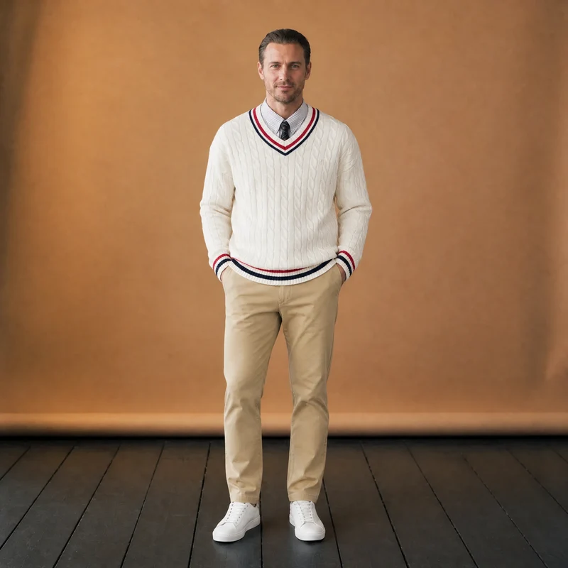 Vintage-Tennis-Pullover für Herren mit V-Ausschnitt