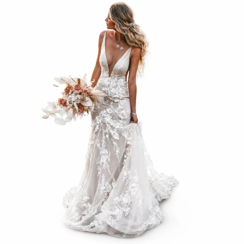 Vintage Blumen-Spitzen-Hochzeitskleid