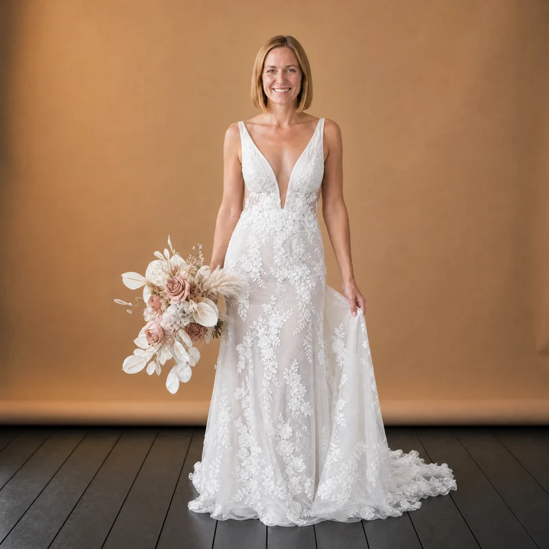 Vintage Blumen-Spitzen-Hochzeitskleid