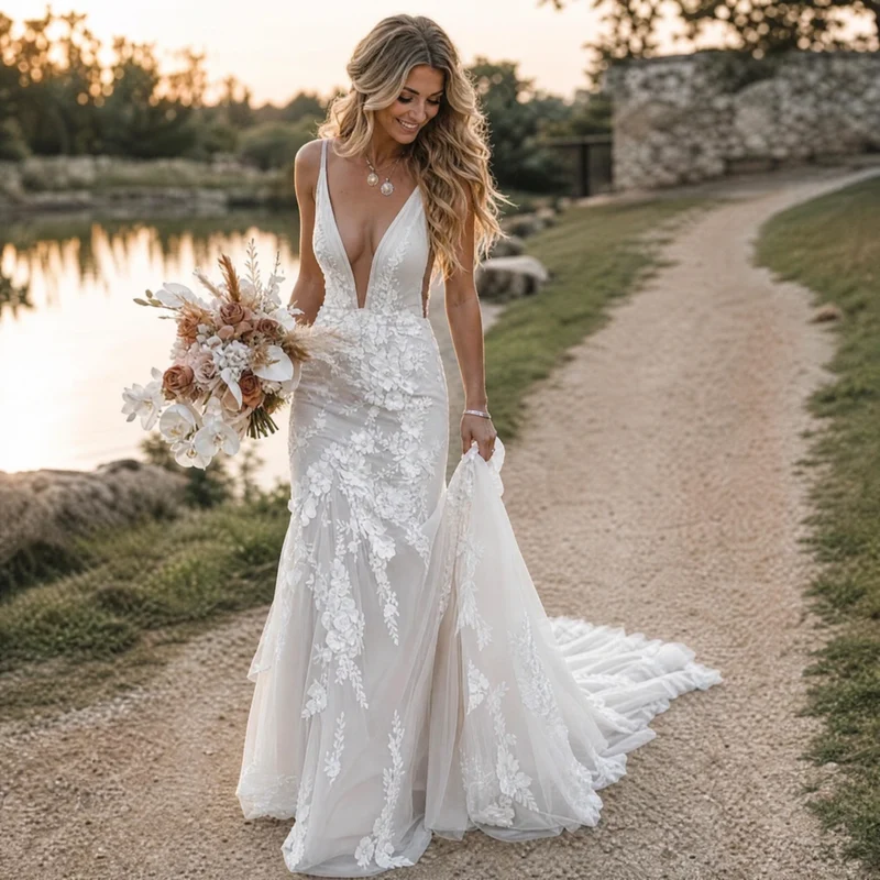 Vintage Blumen-Spitzen-Hochzeitskleid
