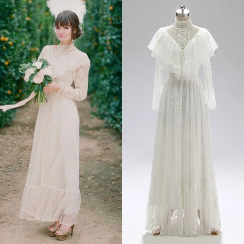 Vintage 1970er Jahre Hochzeitskleid im viktorianischen Stil