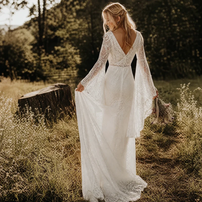 Langärmliges Vintage-Bohemian-Hochzeitskleid