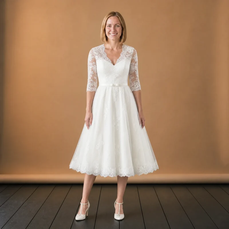 Kurzes Vintage-Hochzeitskleid mit V-Ausschnitt