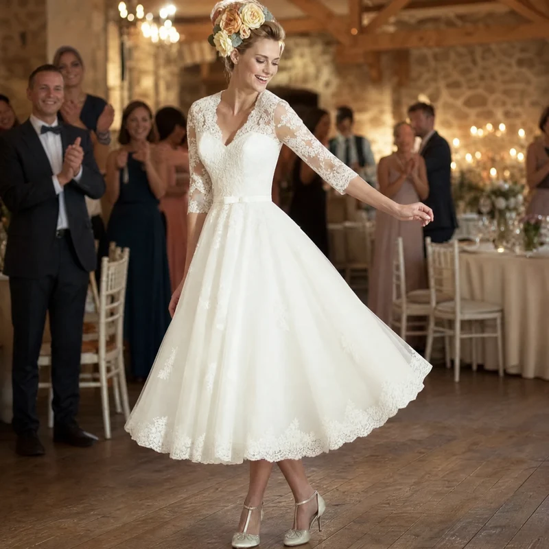 Kurzes Vintage-Hochzeitskleid mit V-Ausschnitt